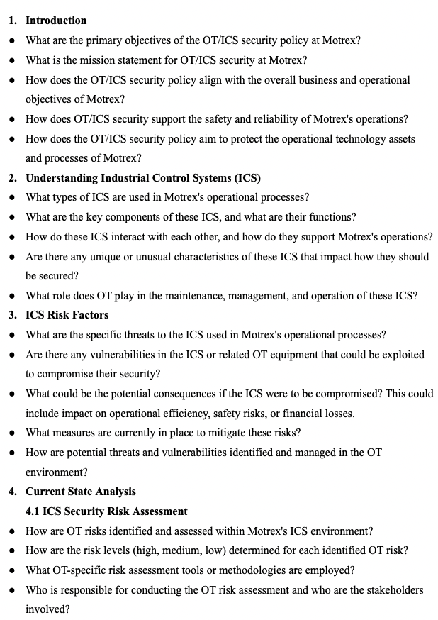 OT/ICS Cybersecurity Policy project plan screenshot